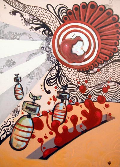 Apple, bombs, painting by Yordan Silvera